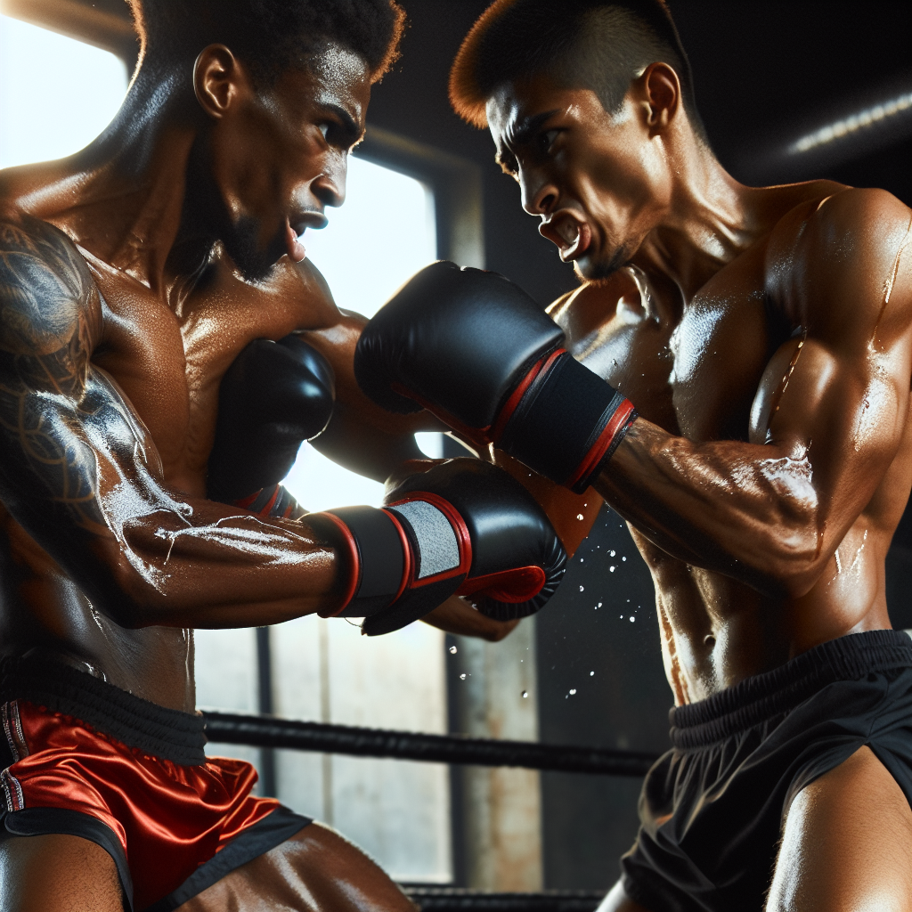 Muay Thai fighters demonstrating a double collar tie clinch with boxing gloves in a gym setting